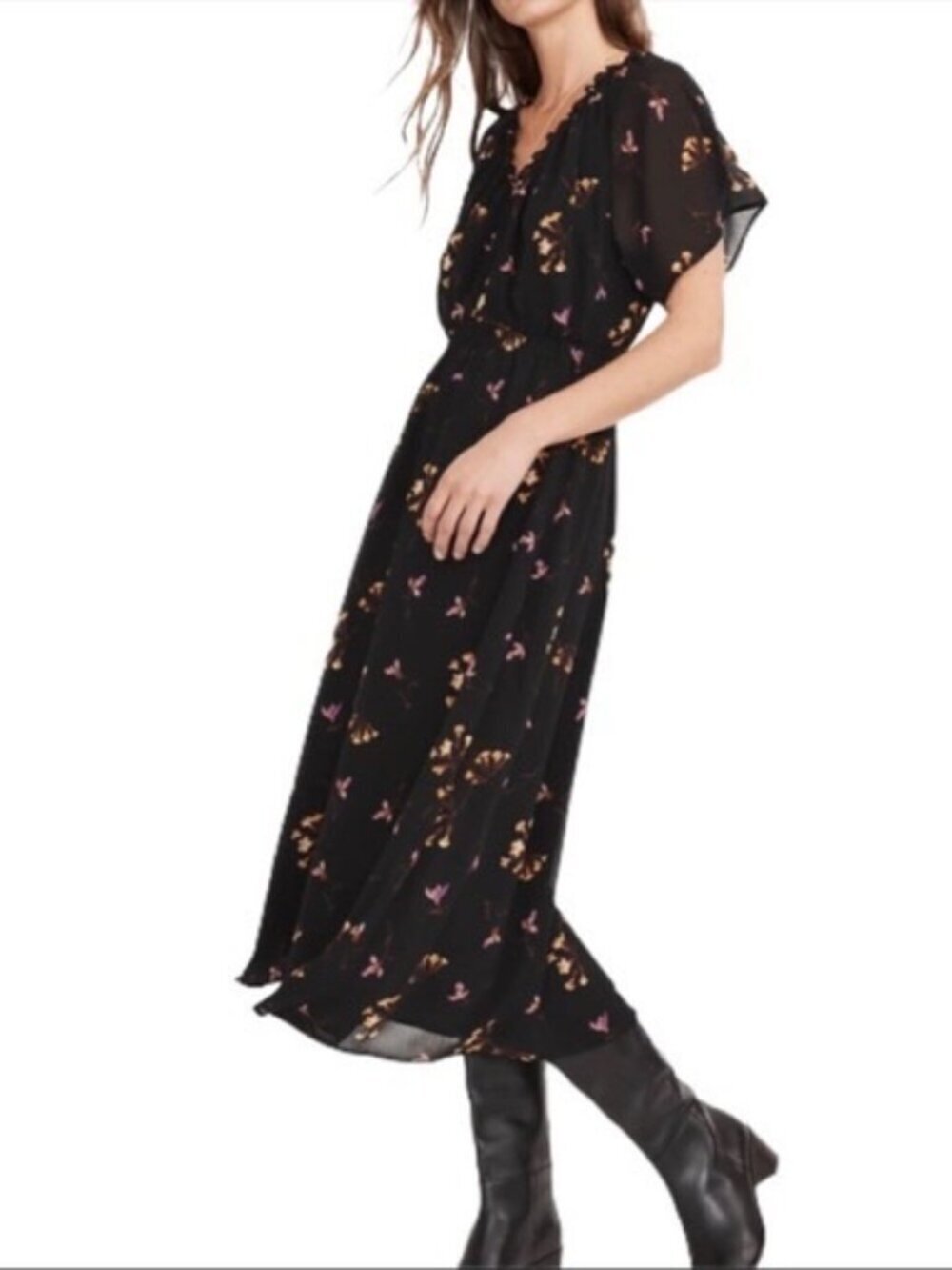 Madewell V-Neck Floral Crepe Maxi Dress Ditzy Black Multi Size M Georgette
